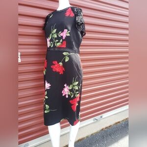 Bisou Bisou Black w/red floral lace short sleeve Dress Size 14
